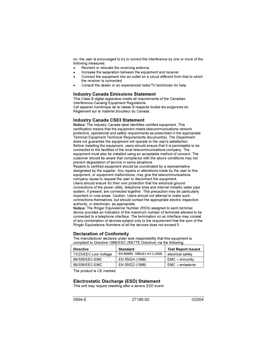 Zoom 56K quick start Industry Canada Emissions Statement, Industry Canada CS03 Statement, Declaration of Conformity 