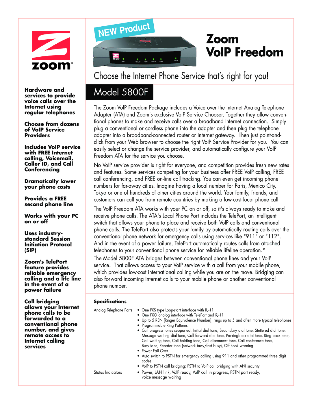 Zoom 5800F specifications Zoom VoIP Freedom, Specifications 