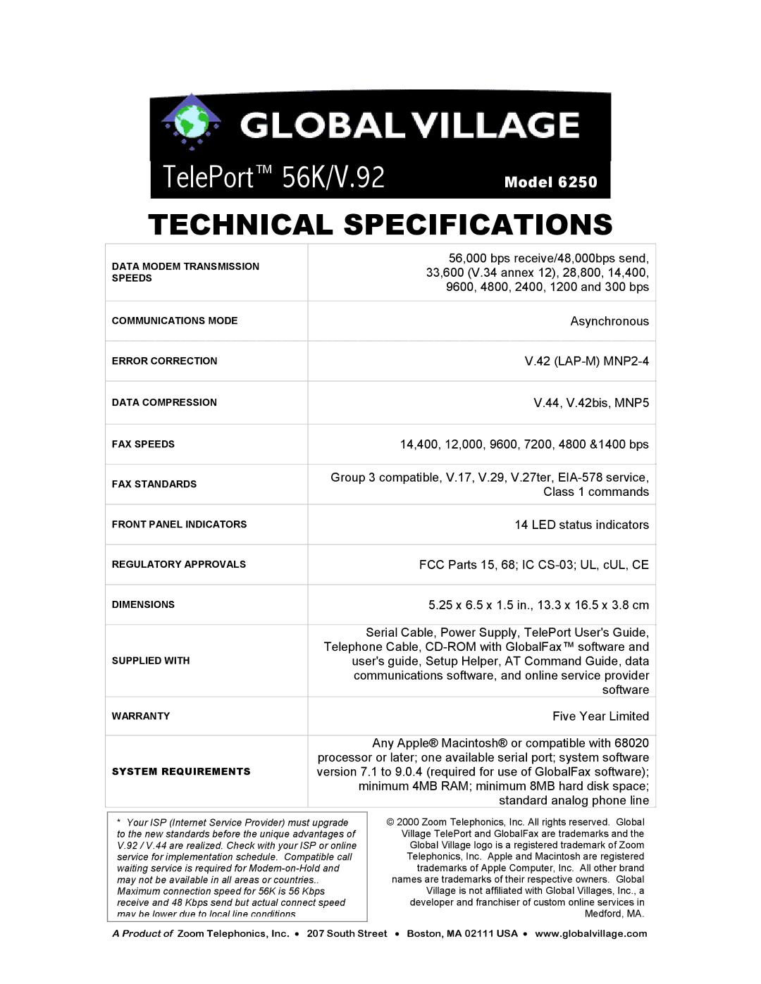 Zoom 6250 manual Technical Specifications 