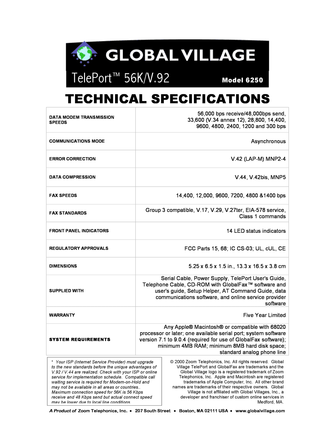 Zoom 6250 manual TelePort 56K/V.92, Technical Specifications, Model 