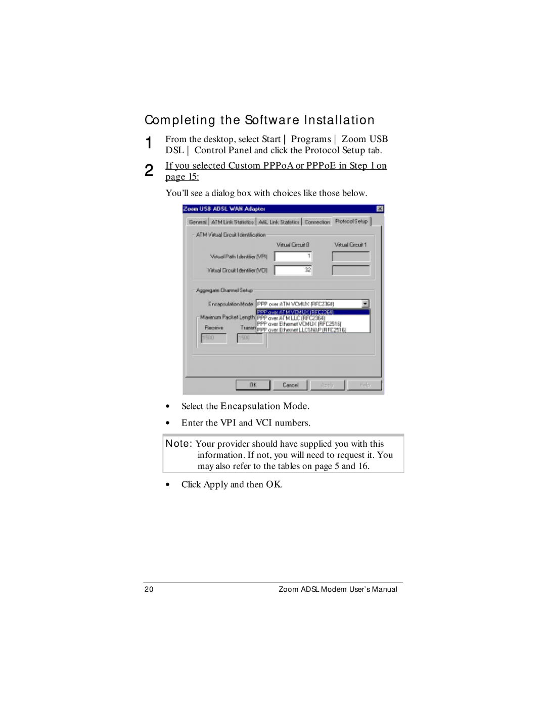 Zoom ADSL Modem manual Completing the Software Installation, DSL Control Panel and click the Protocol Setup tab 