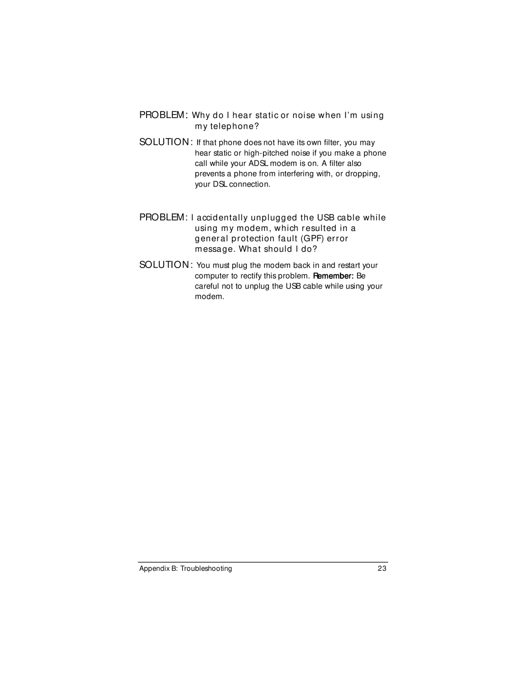 Zoom ADSL Modem manual Appendix B Troubleshooting 