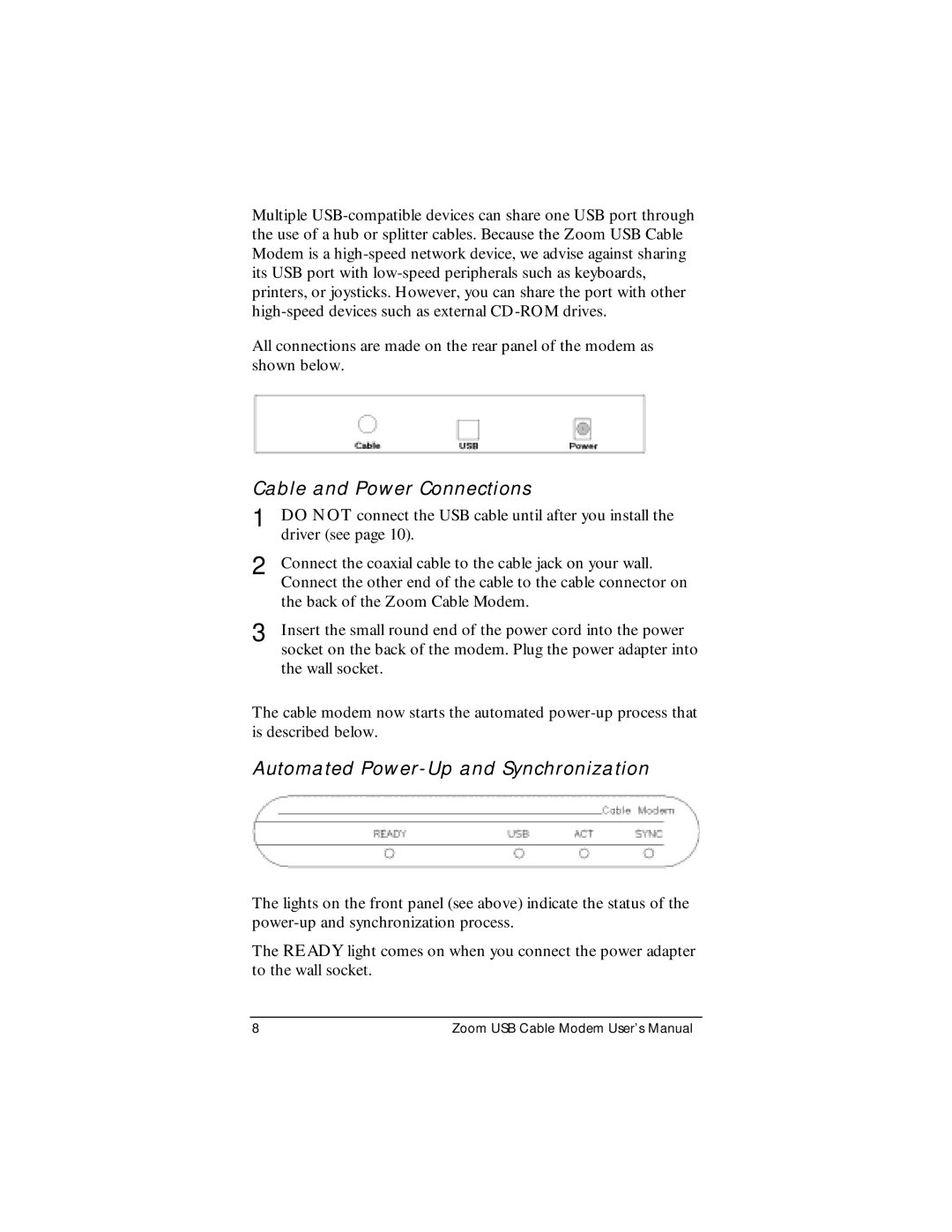 Zoom CableModem user manual Cable and Power Connections, Automated Power-Up and Synchronization 