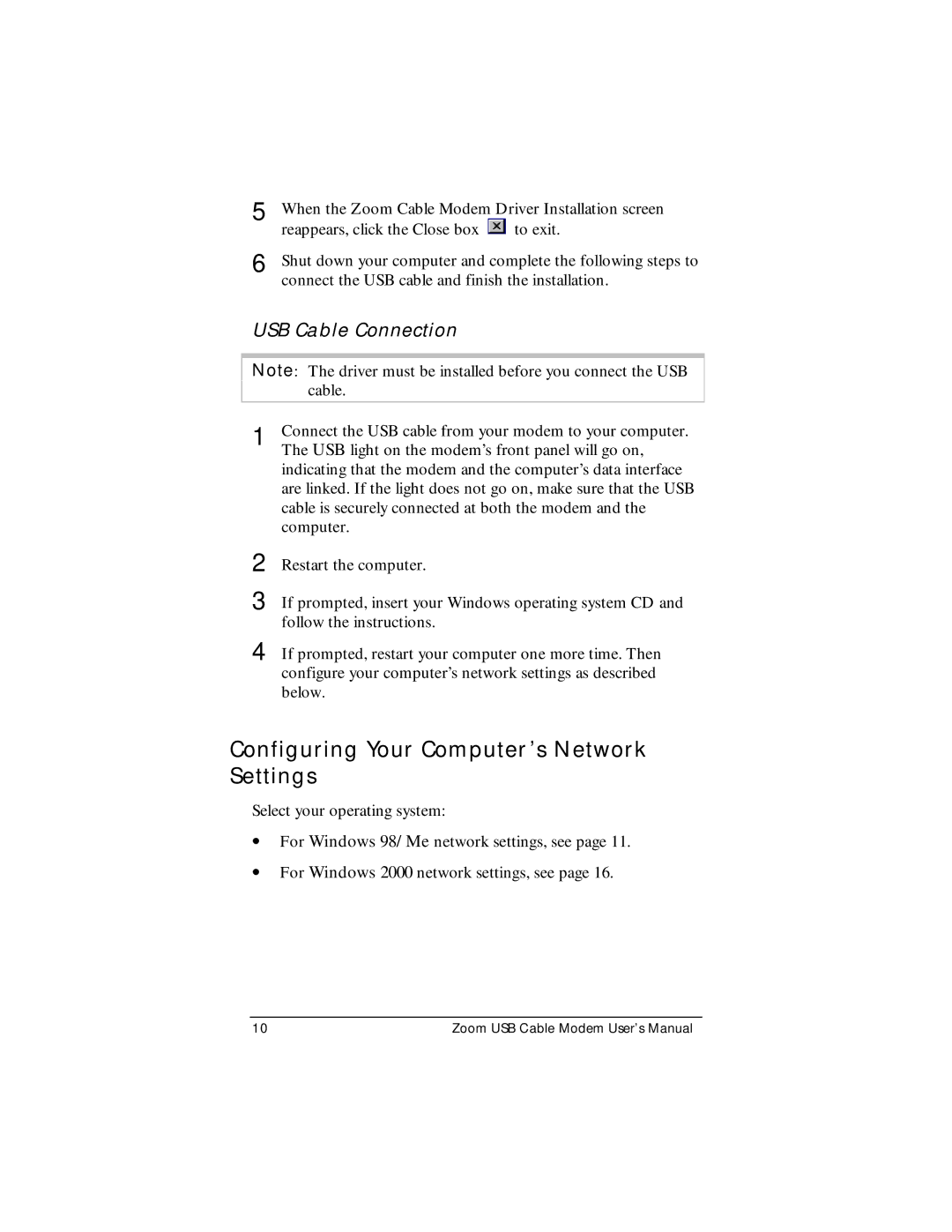 Zoom CableModem user manual Configuring Your Computer’s Network Settings, USB Cable Connection 