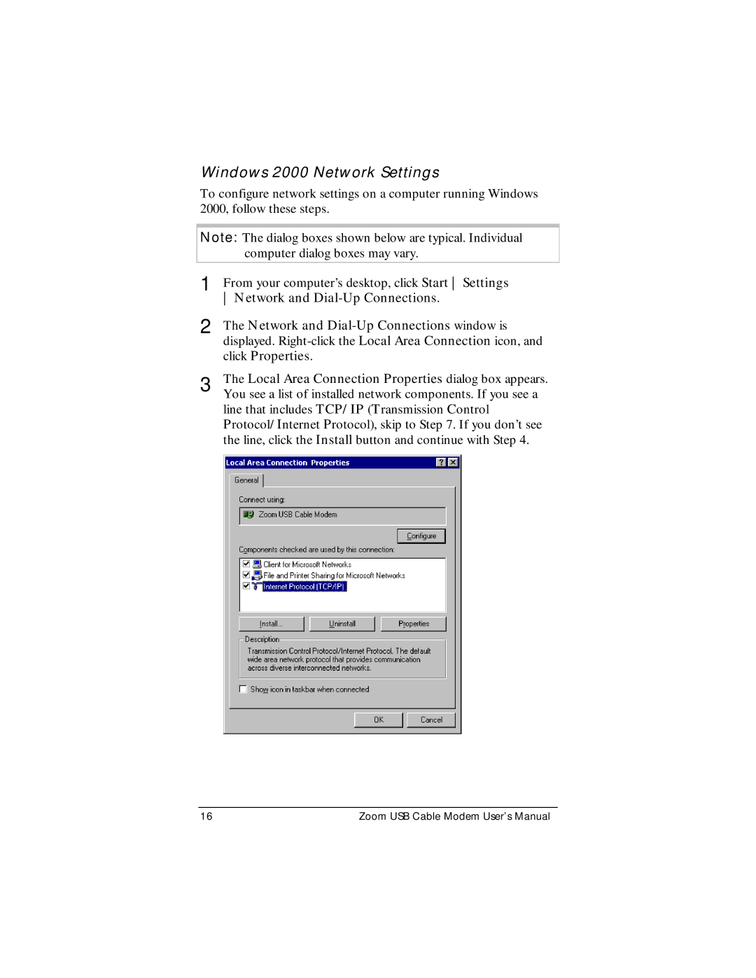 Zoom CableModem user manual Windows 2000 Network Settings 