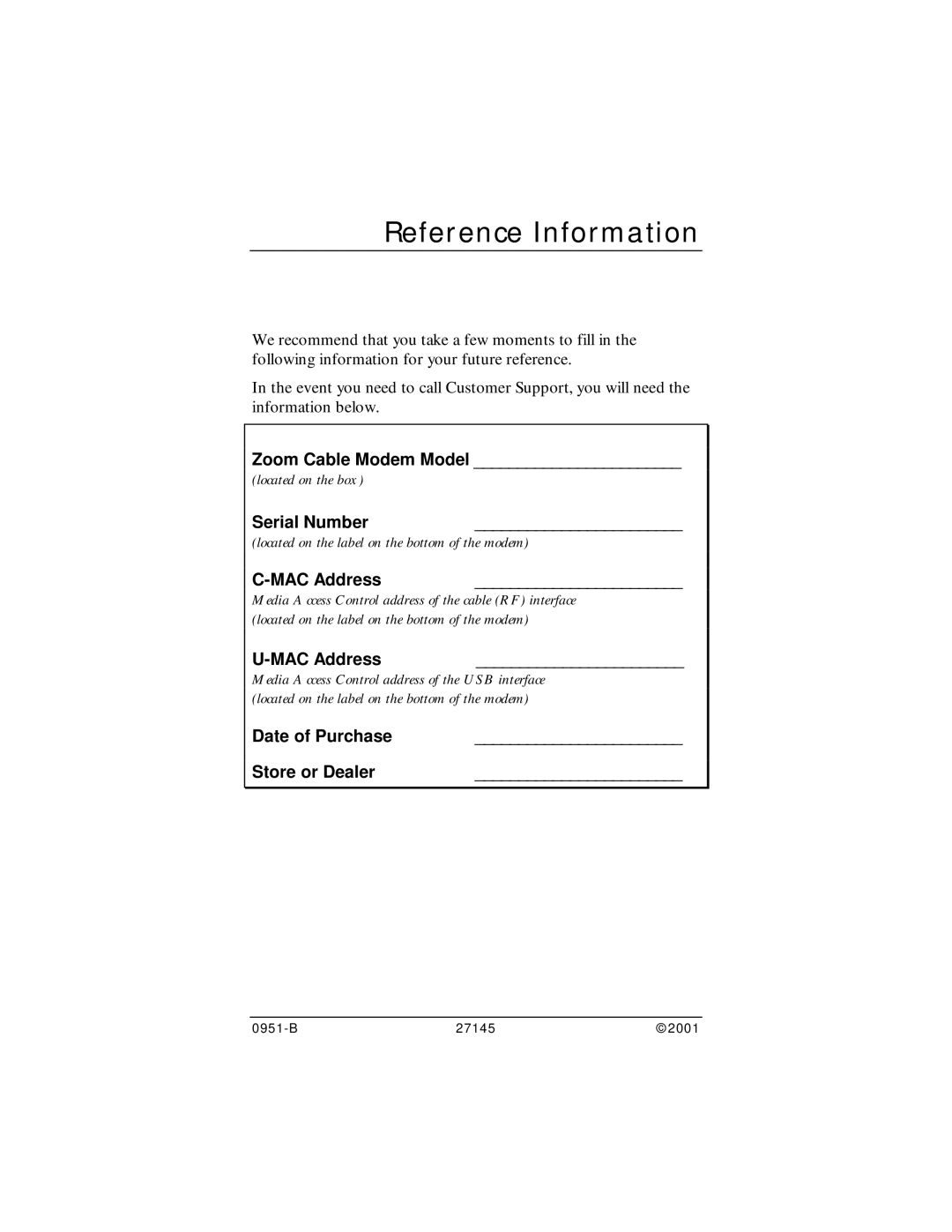 Zoom CableModem user manual Reference Information, Zoom Cable Modem Model 