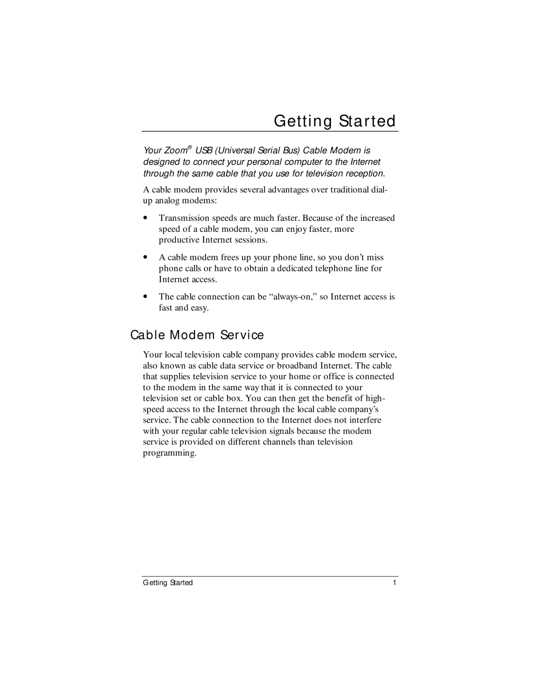 Zoom CableModem user manual Getting Started, Cable Modem Service 