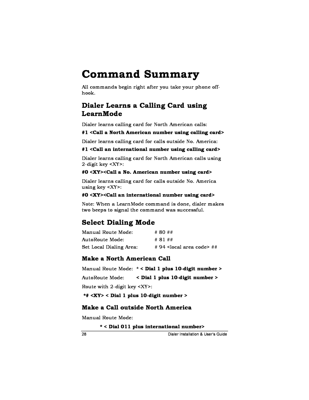 Zoom Dialer 26 manual Command Summary, Dialer Learns a Calling Card using LearnMode, Select Dialing Mode 