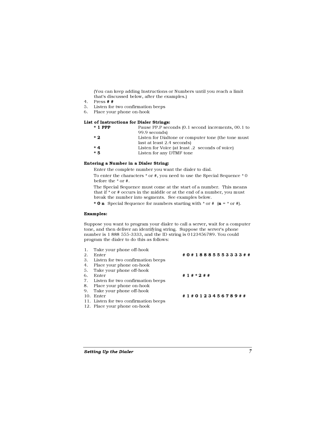 Zoom Dialer 27 List of Instructions for Dialer Strings PPP, Seconds, Last at least 2.4 seconds, Listen for any Dtmf tone 