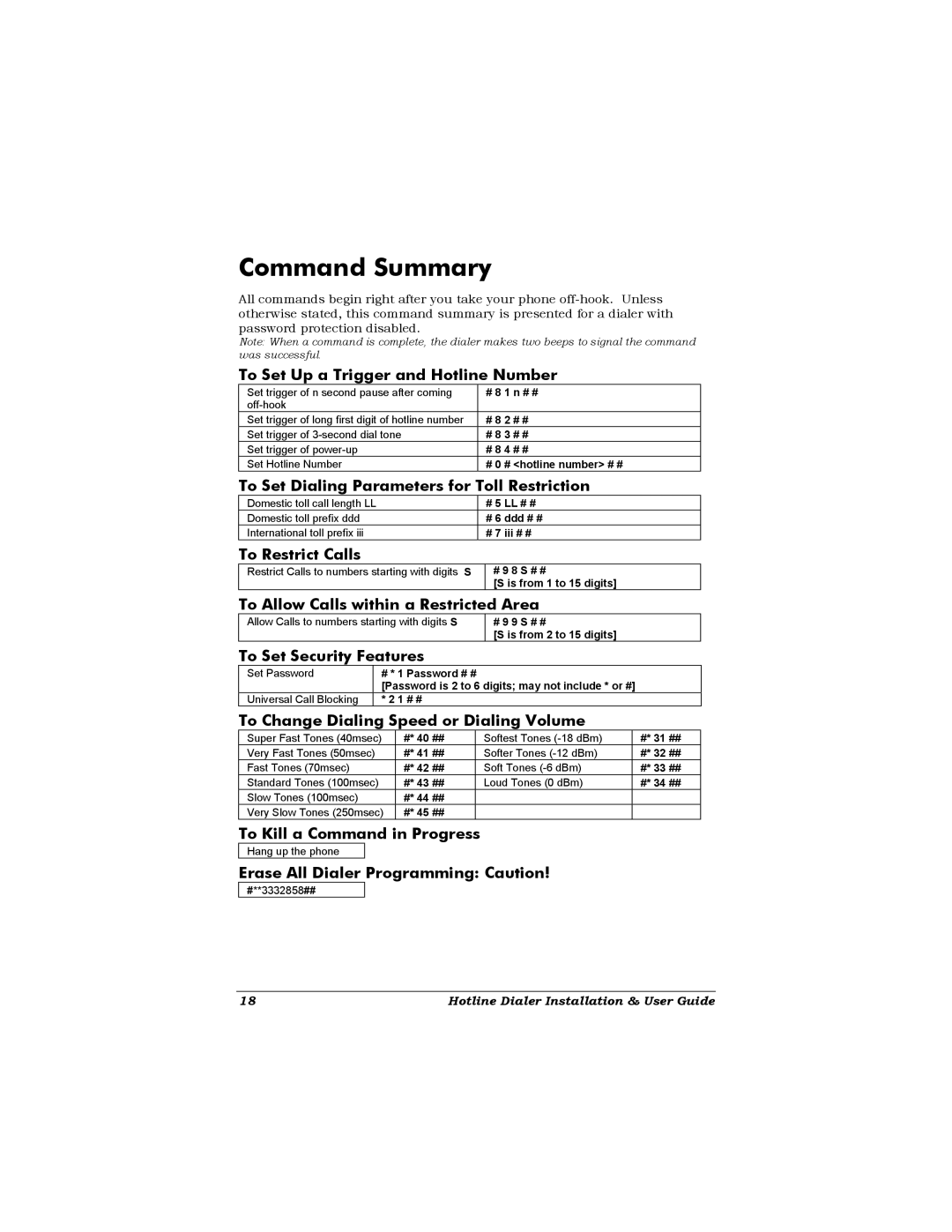 Zoom Dialer 27 manual Command Summary, To Set Up a Trigger and Hotline Number 