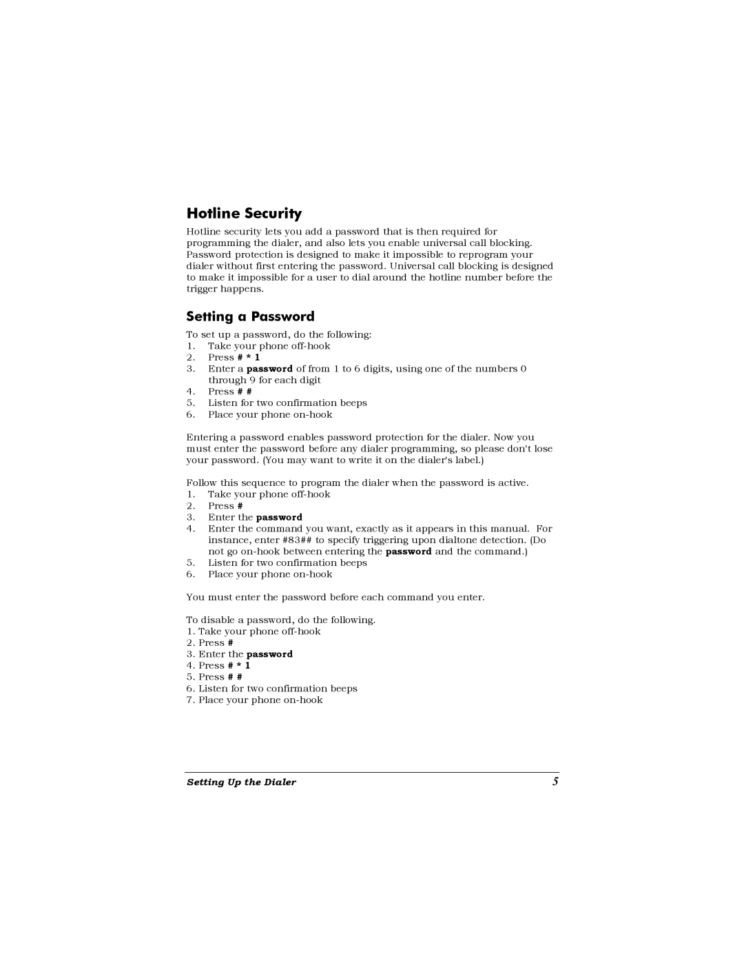 Zoom Dialer 27 manual Hotline Security, Setting a Password 