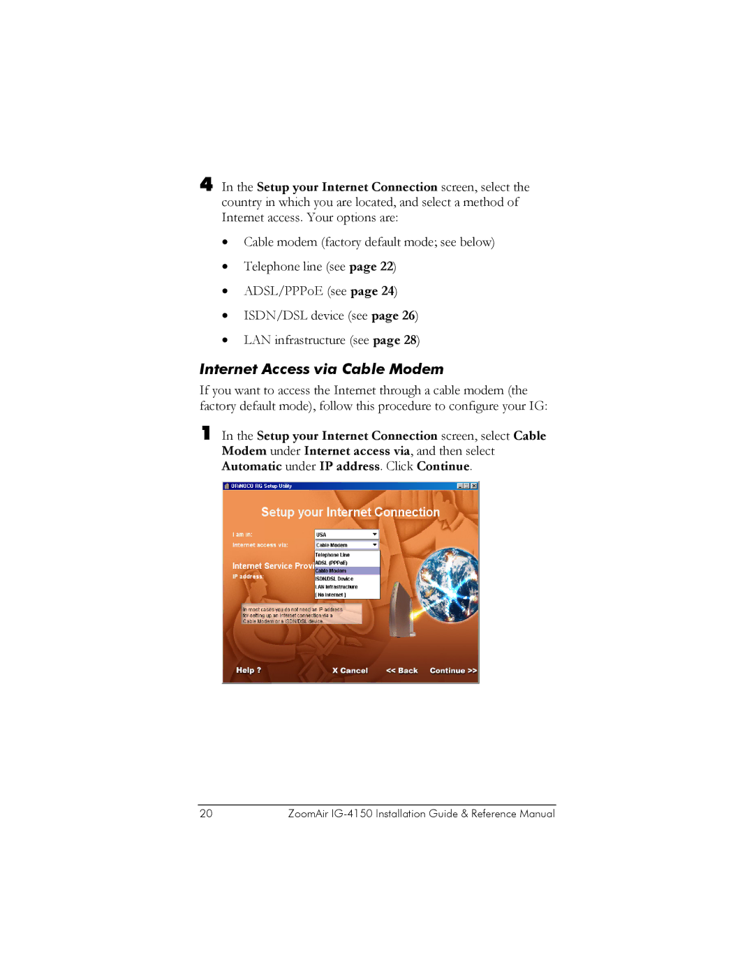 Zoom IG-4150 manual Internet Access via Cable Modem 