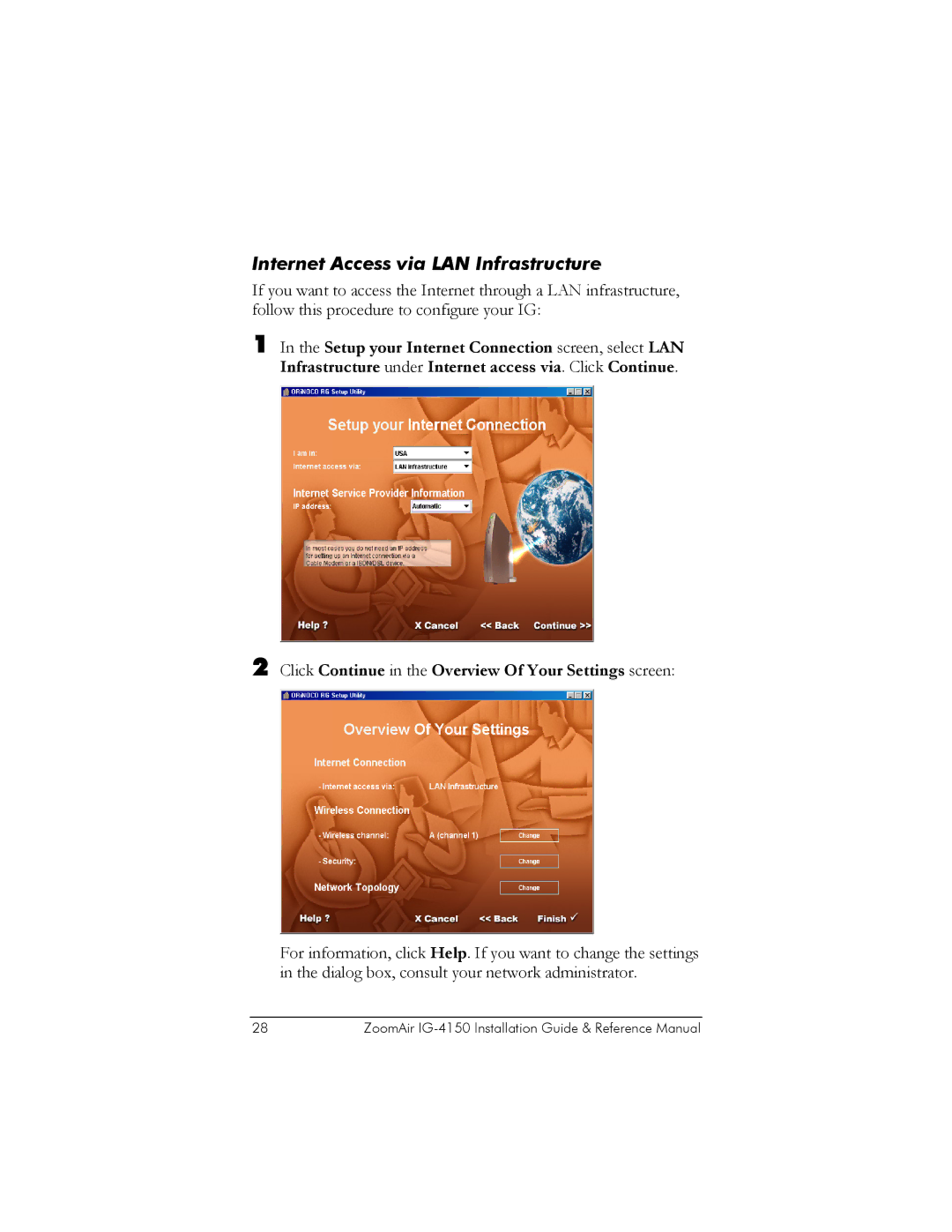 Zoom IG-4150 manual Internet Access via LAN Infrastructure 