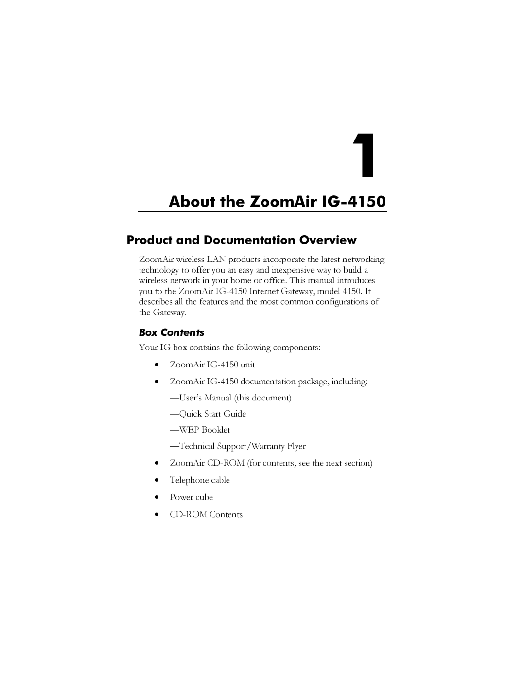 Zoom manual About the ZoomAir IG-4150, Product and Documentation Overview, Box Contents 