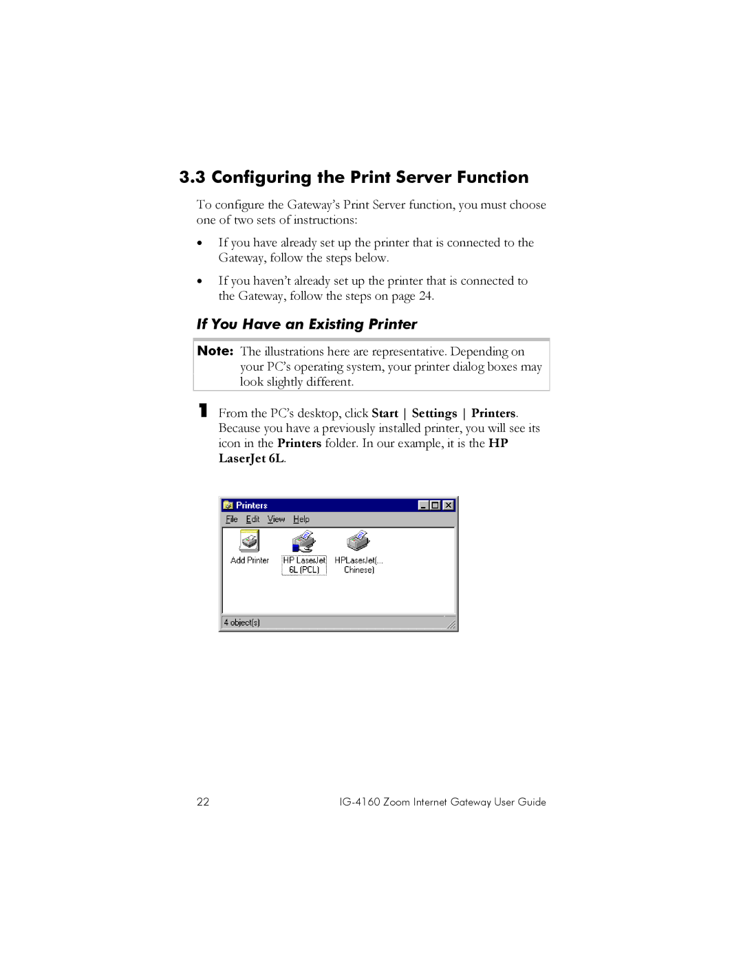 Zoom IG-4160 manual Configuring the Print Server Function, If You Have an Existing Printer 