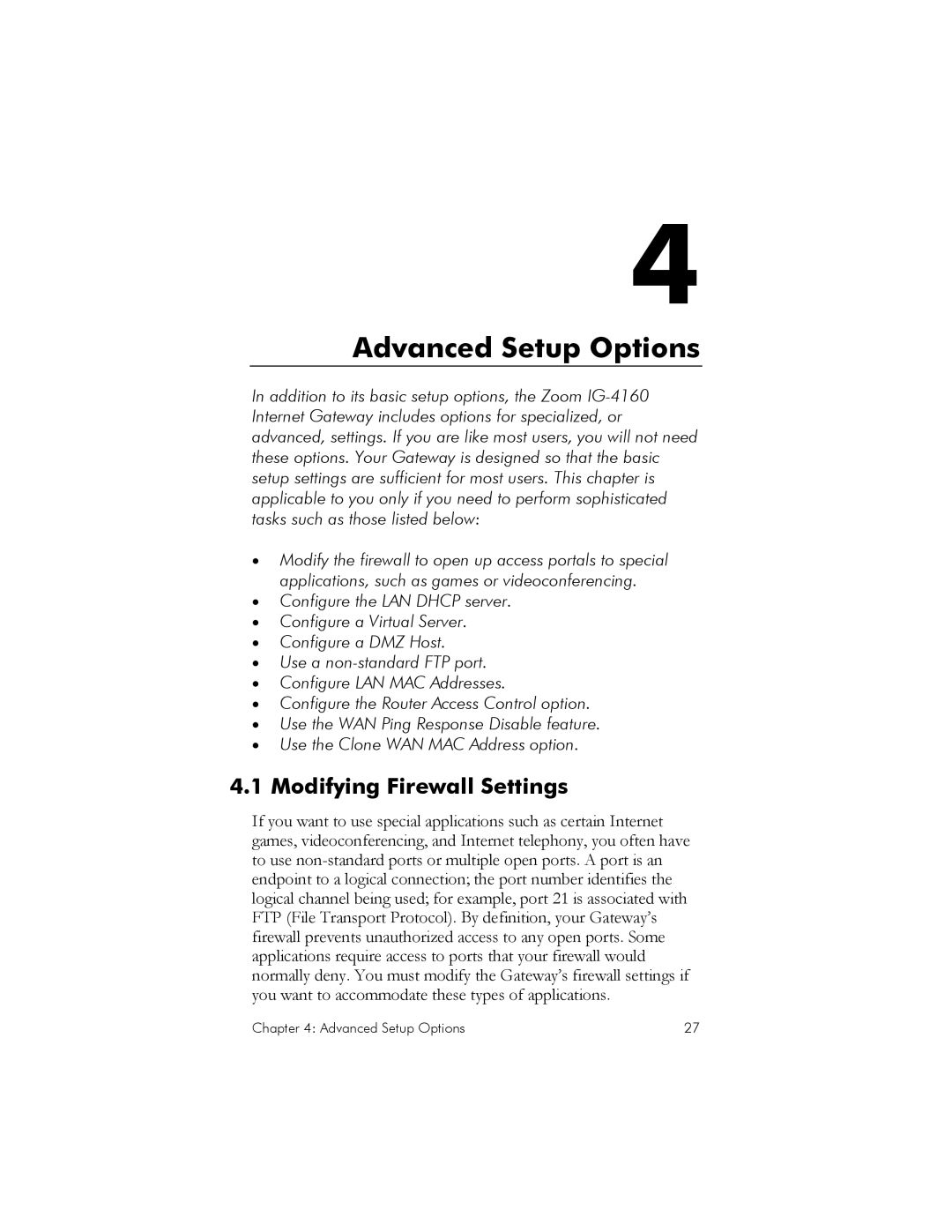 Zoom IG-4160 manual Advanced Setup Options, Modifying Firewall Settings 