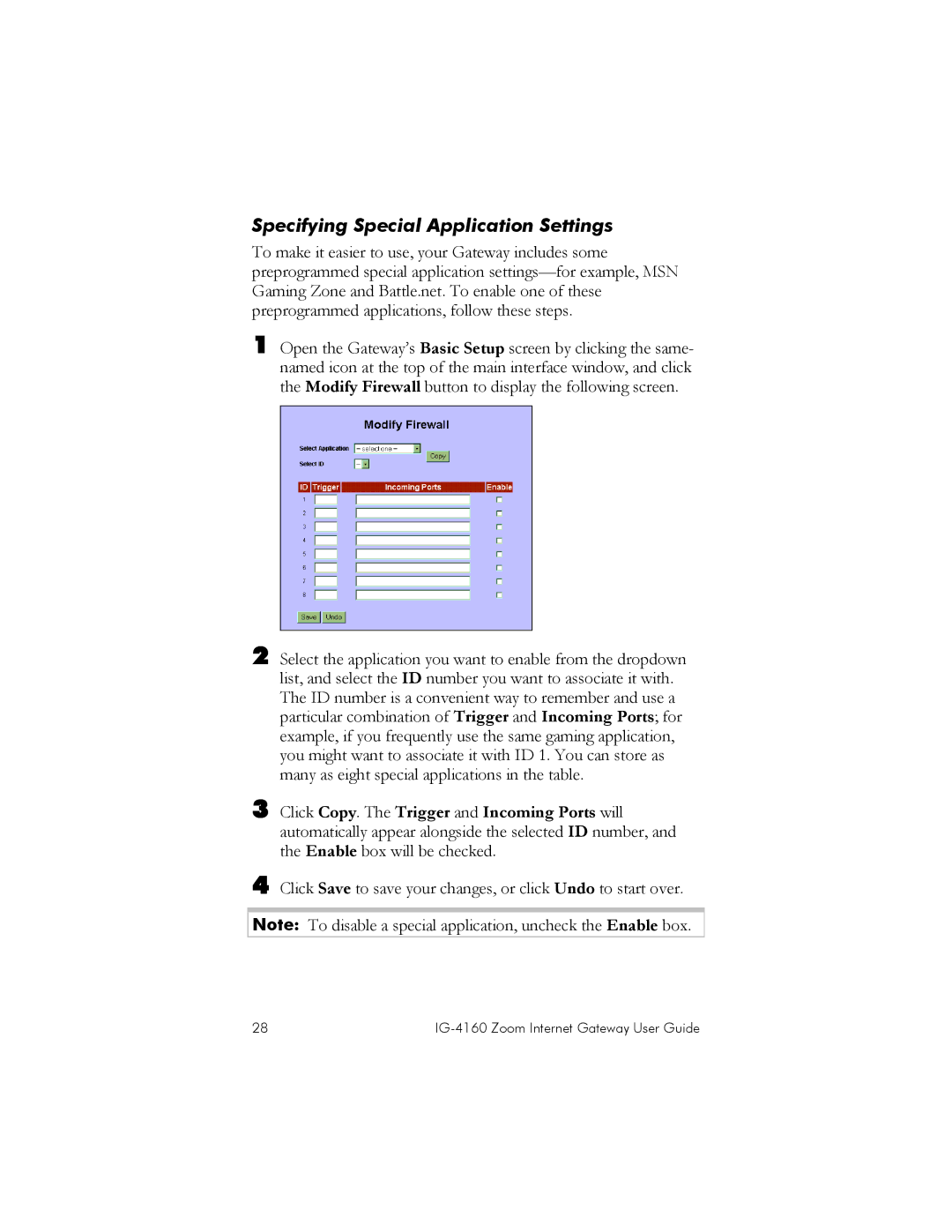 Zoom IG-4160 manual Specifying Special Application Settings 