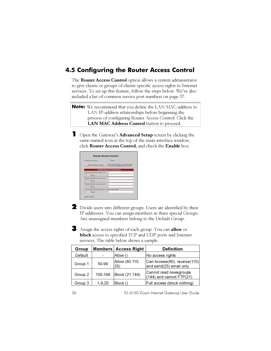 Zoom IG-4160 manual Configuring the Router Access Control, Group Members Access Right Definition 