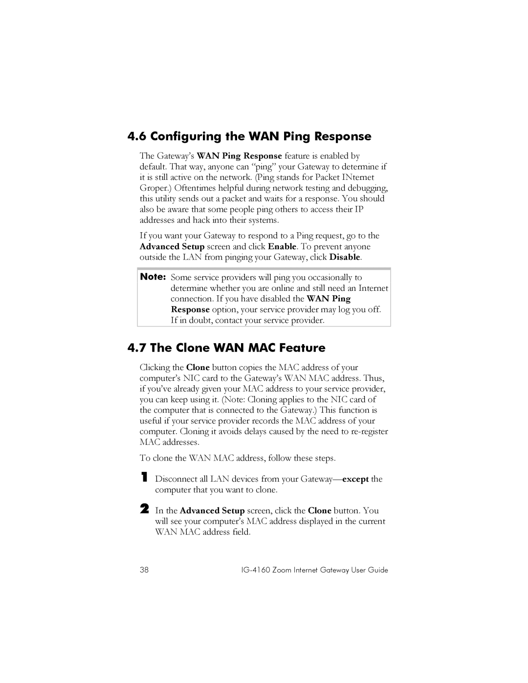 Zoom IG-4160 manual Configuring the WAN Ping Response, Clone WAN MAC Feature 