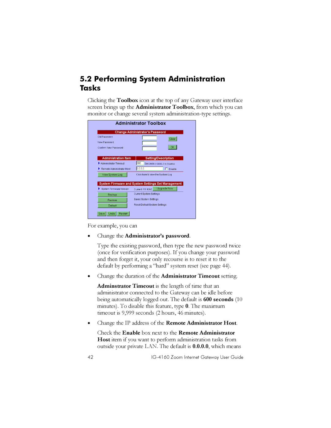 Zoom IG-4160 manual Performing System Administration Tasks, Change the Administrator’s password 