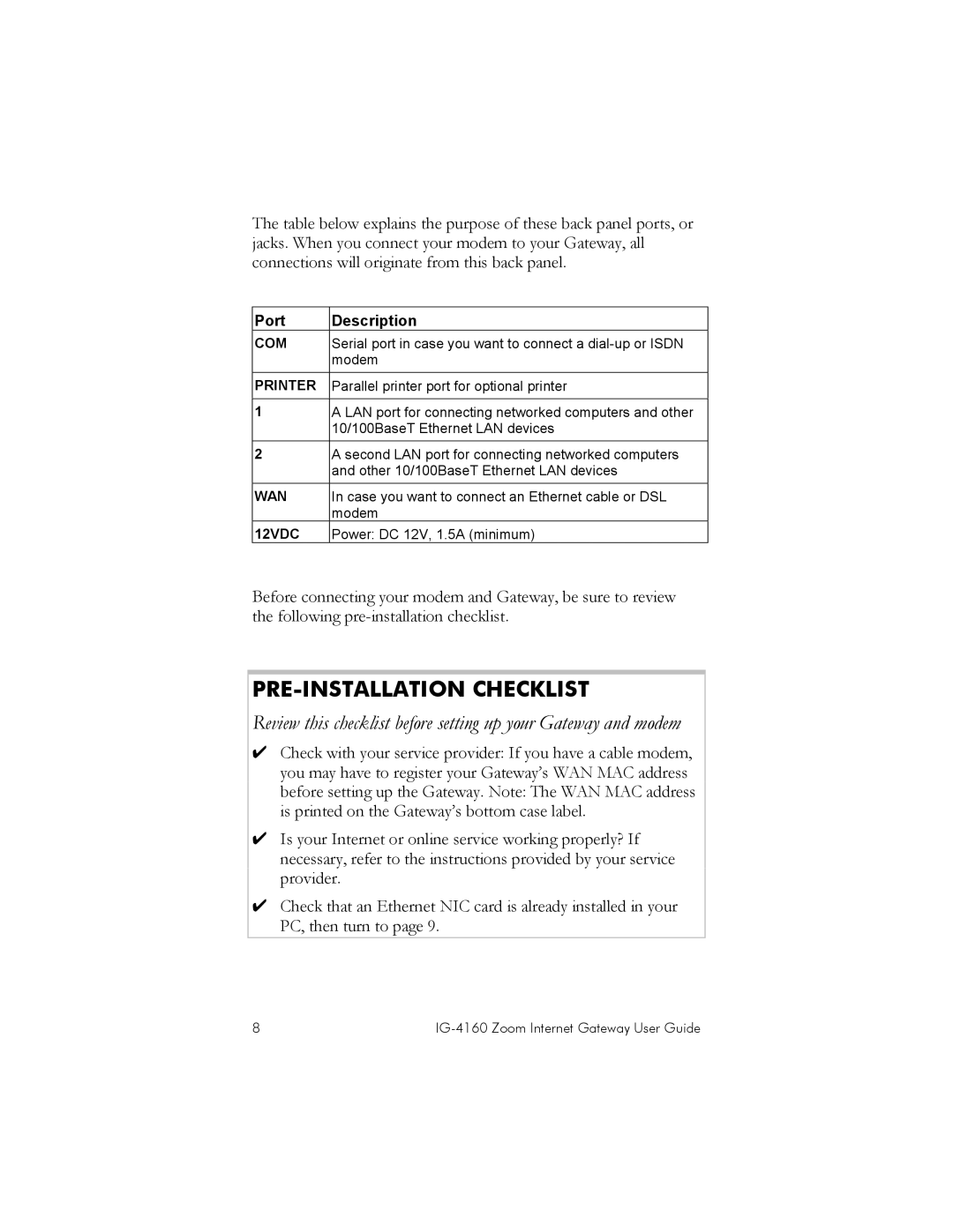 Zoom IG-4160 manual PRE-INSTALLATION Checklist 