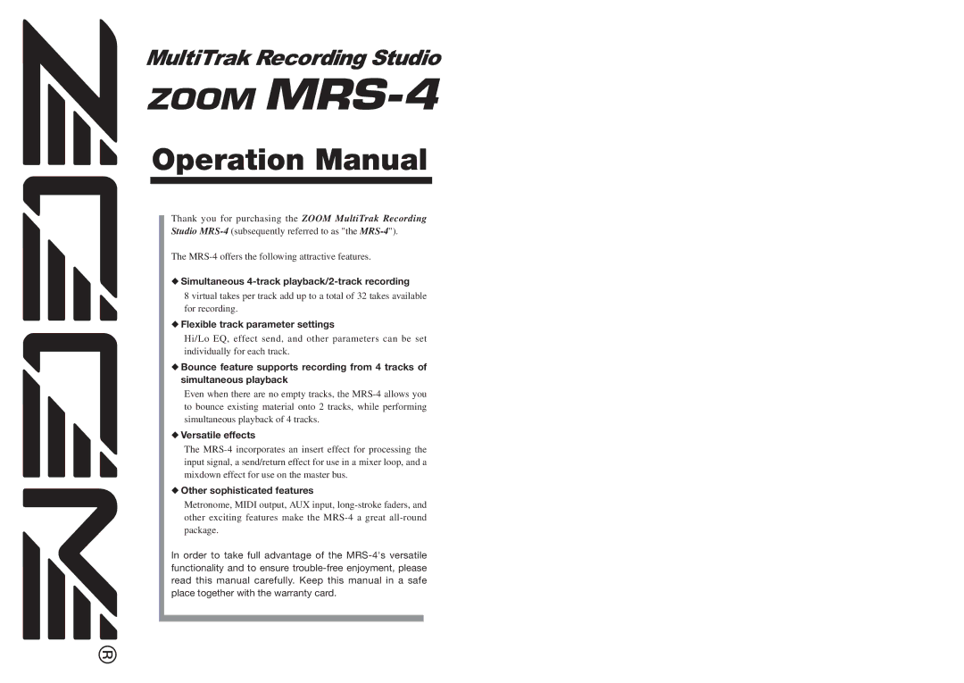 Zoom MRS-4 manual Simultaneous 4-track playback/2-track recording, Flexible track parameter settings, Versatile effects 