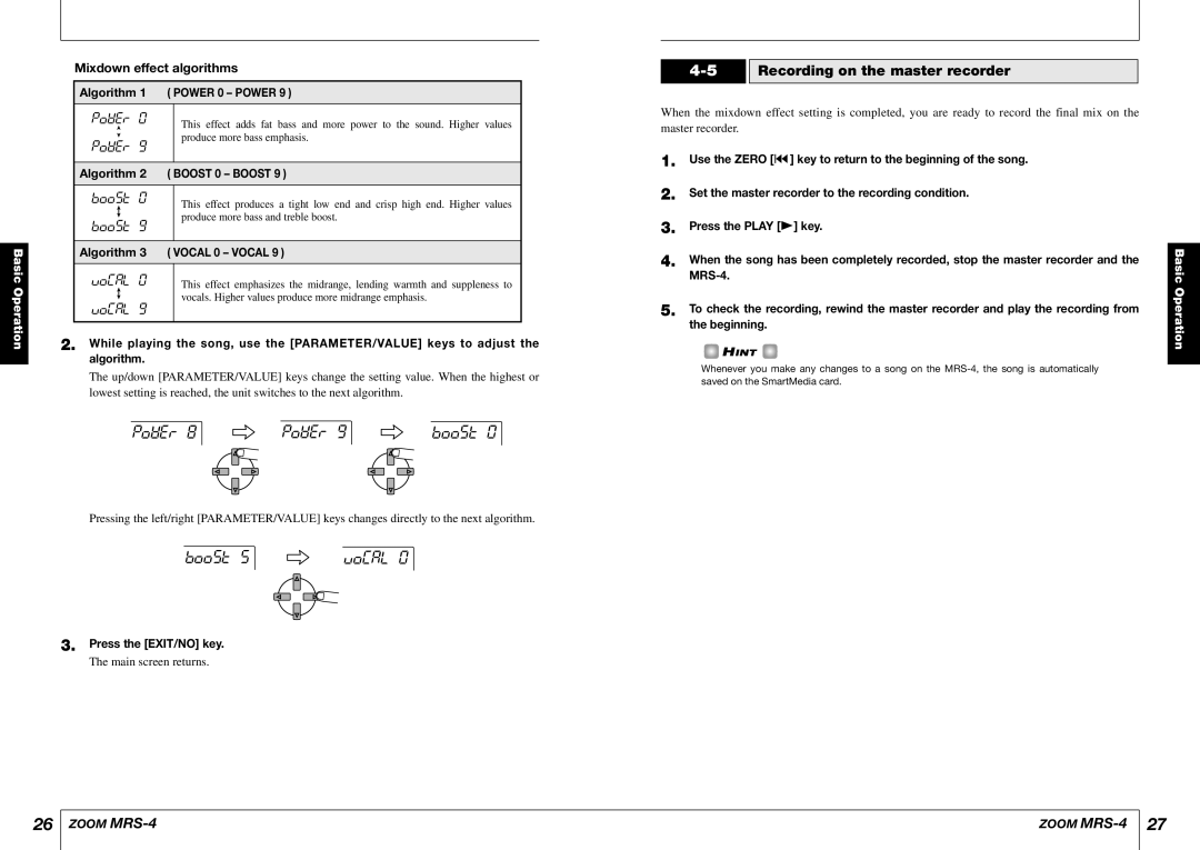 Zoom MRS-4 manual Recording on the master recorder, Mixdown effect algorithms, Power Boost, Boost Vocal 
