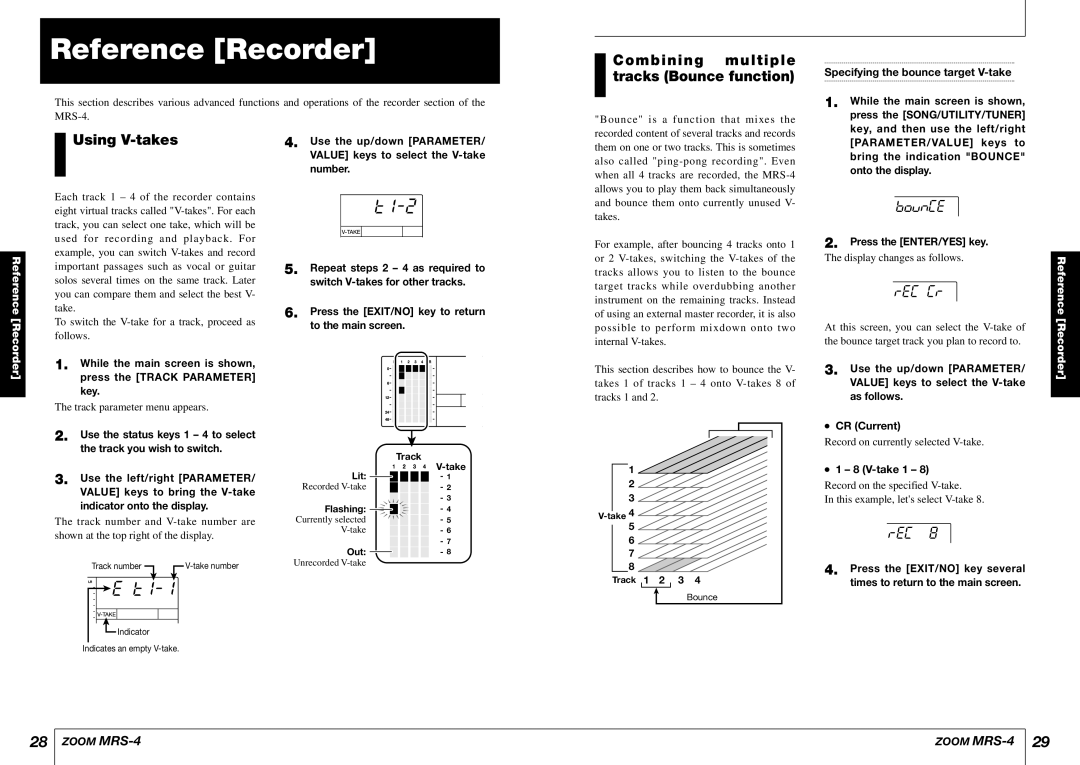 Zoom MRS-4 manual Reference Recorder, Using V-takes, Combining multiple tracks Bounce function 