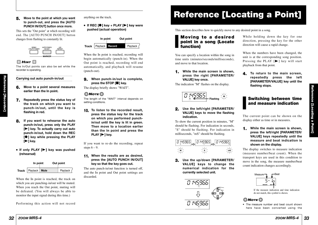 Zoom MRS-4 manual Reference Locating a Point, Moving to a desired point in a song Locate function 