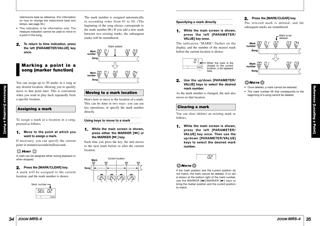 Zoom MRS-4 manual Marking a point in a song marker function, Assigning a mark, Moving to a mark location, Clearing a mark 