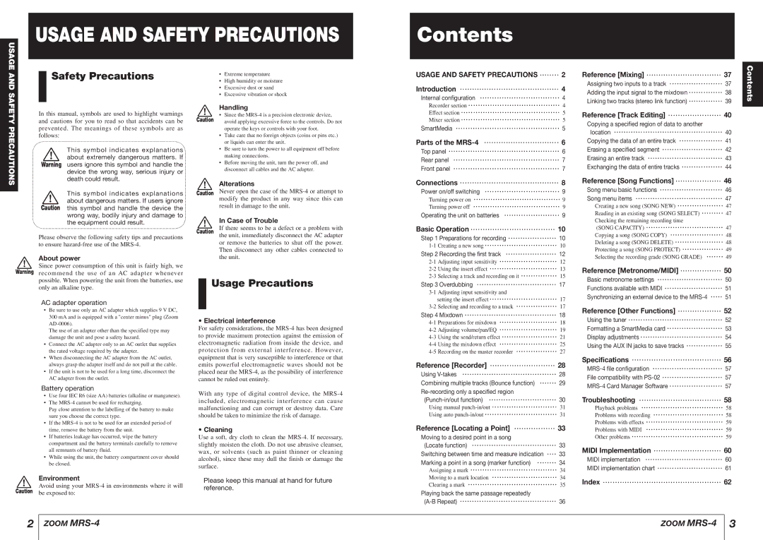 Zoom MRS-4 manual Usage and Safety Precautions, Contents 