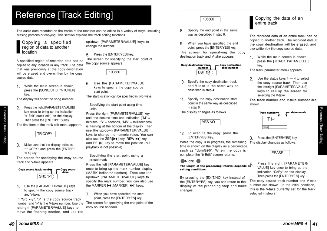 Zoom MRS-4 manual Reference Track Editing, Copying the data of an entire track 