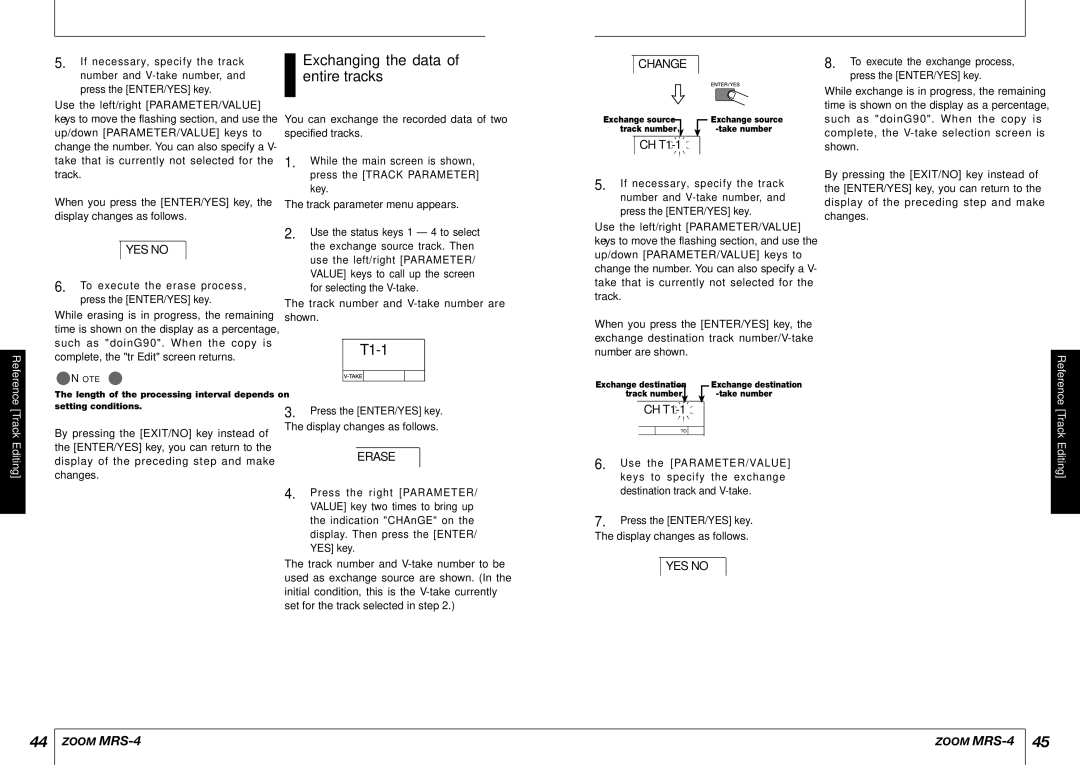 Zoom MRS-4 manual Exchanging the data of entire tracks, Change, CH T1-1 