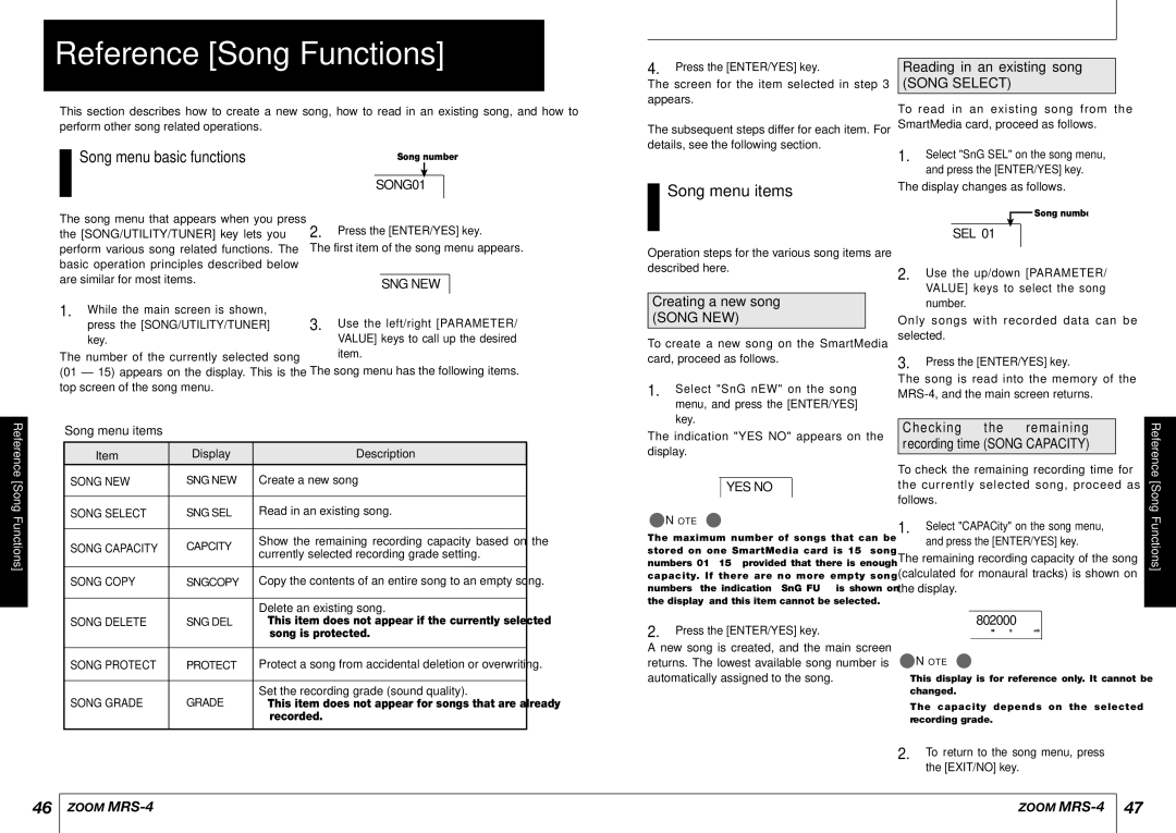 Zoom MRS-4 manual Reference Song Functions, Song menu basic functions, Song menu items, Reading in an existing song 