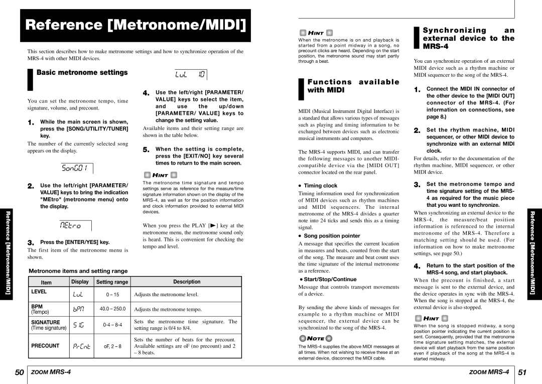 Zoom manual Reference Metronome/MIDI, Synchronizing an external device to the MRS-4, Basic metronome settings 