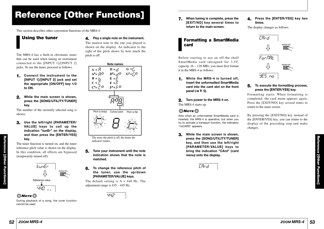 Zoom MRS-4 manual Reference Other Functions, Using the tuner, Formatting a SmartMedia card, Tuner, Card Format YES no 