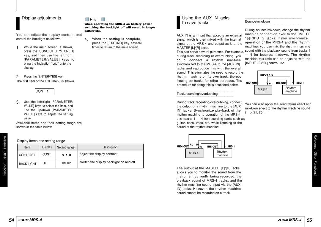 Zoom MRS-4 manual Display adjustments, Using the AUX in jacks to save tracks, Cont, Display items and setting range 