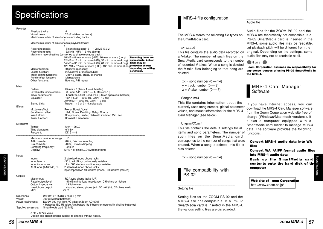 Zoom manual Specifications, MRS-4 file configuration, MRS-4 Card Manager Software, File compatibility with PS-02 