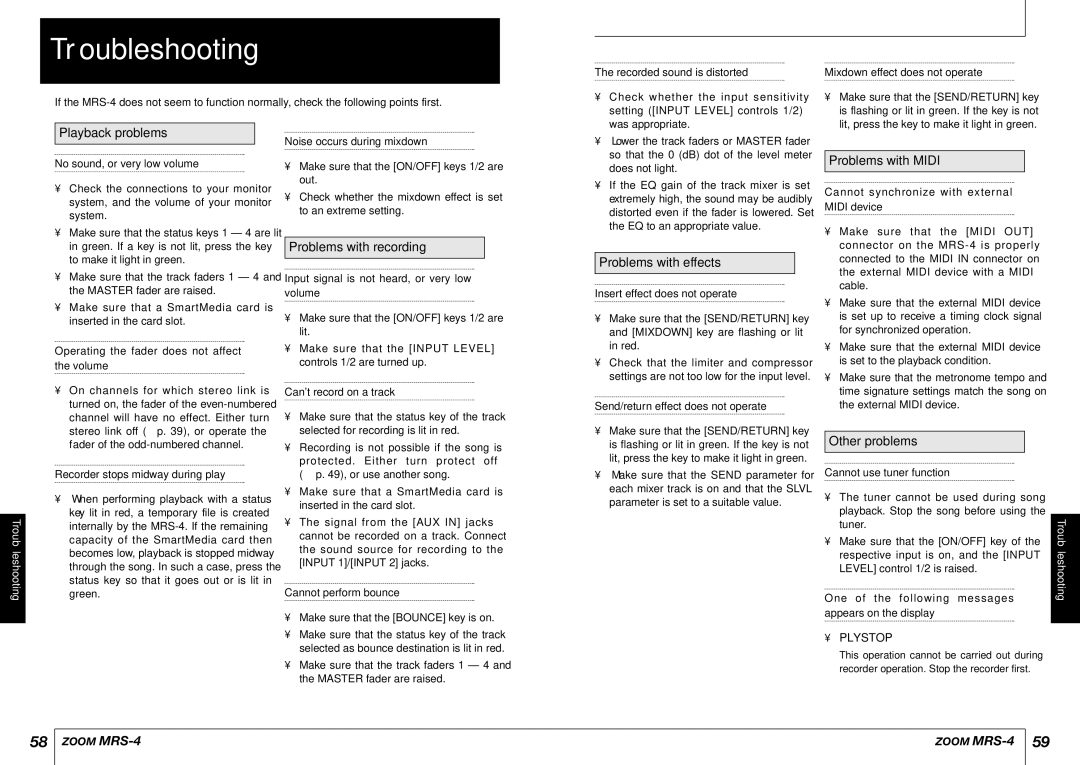 Zoom MRS-4 manual Troubleshooting 