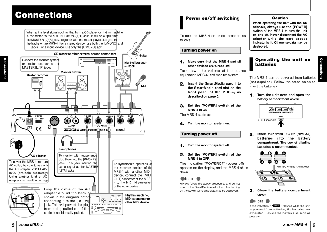 Zoom MRS-4 manual Connections, Power on/off switching, Operating the unit on batteries, Turning power on, Turning power off 