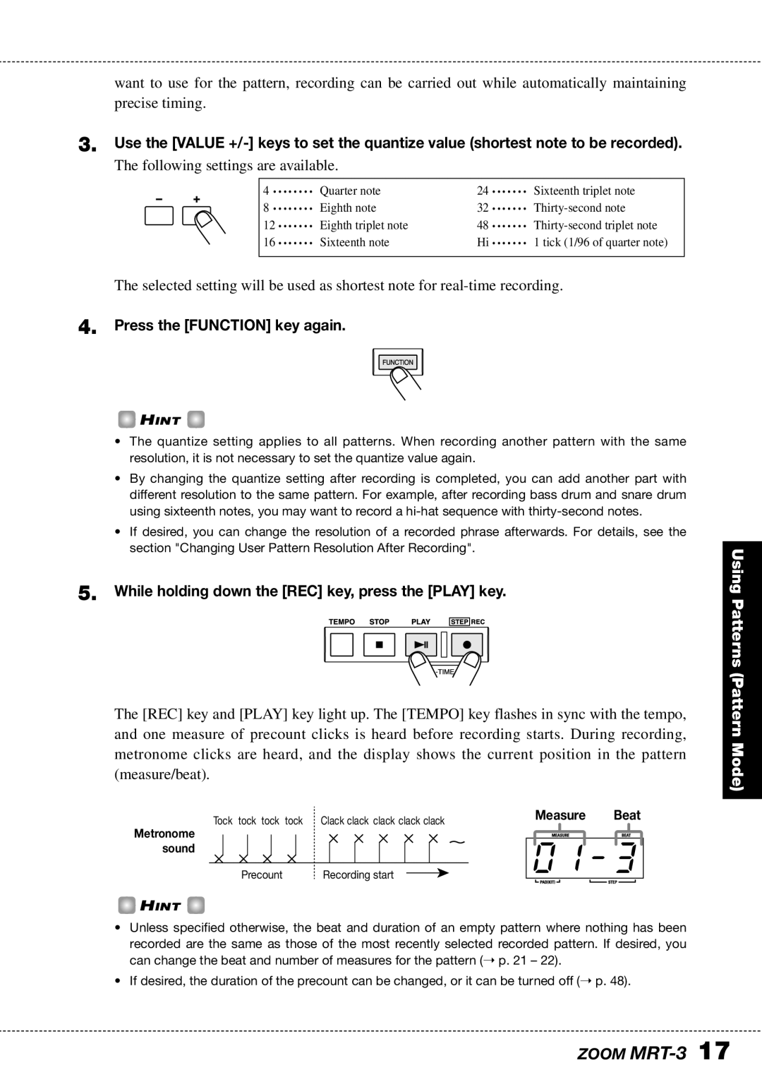 Zoom MRT-3 operation manual Press the Function key again, While holding down the REC key, press the Play key 