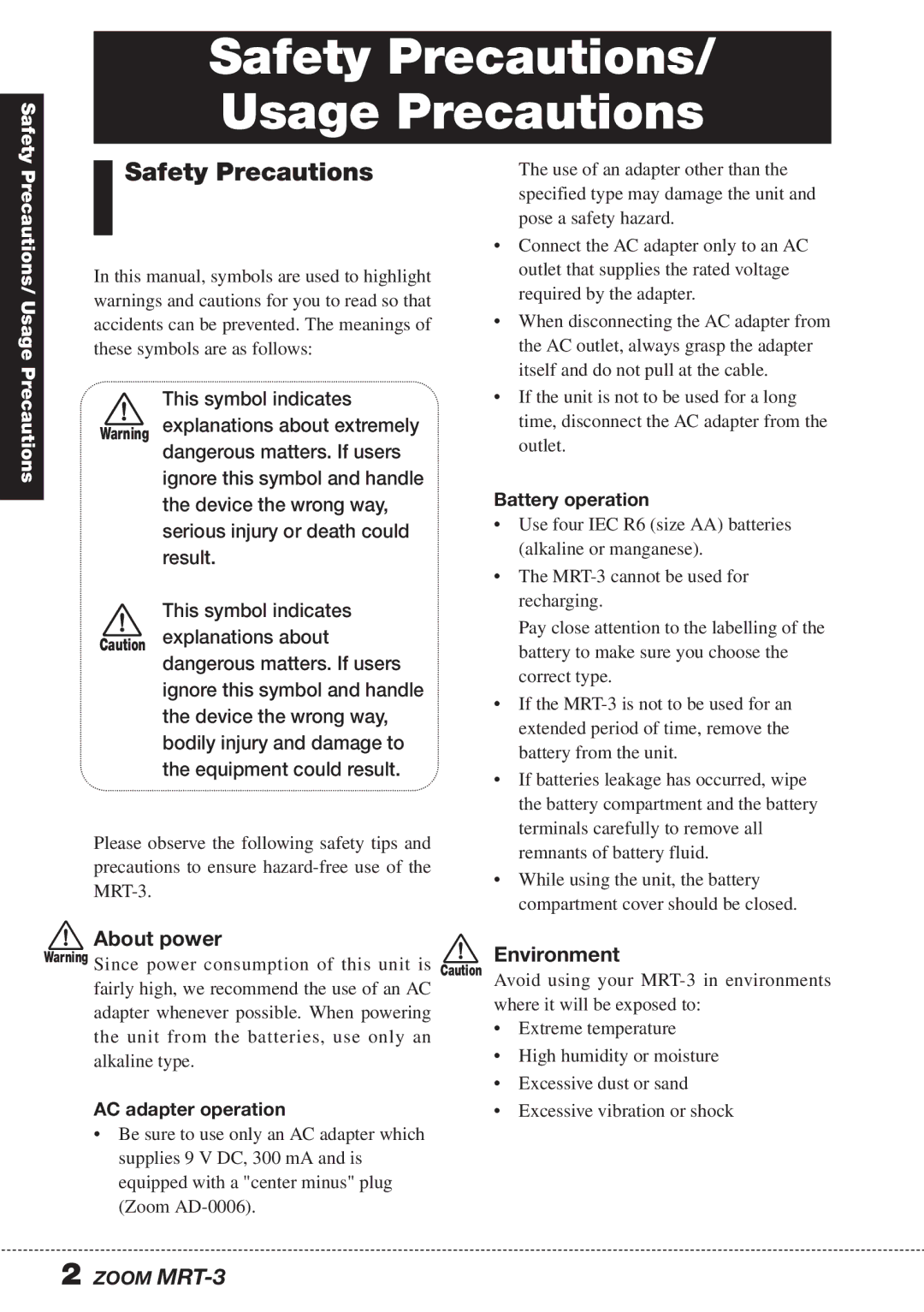 Zoom MRT-3 operation manual Safety Precautions/ Usage Precautions, Battery operation, AC adapter operation 