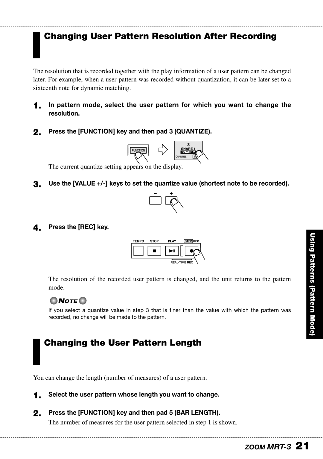 Zoom MRT-3 operation manual Changing User Pattern Resolution After Recording, Changing the User Pattern Length 