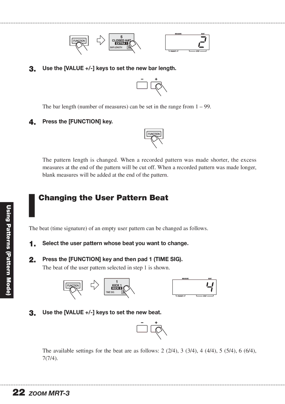 Zoom MRT-3 operation manual Changing the User Pattern Beat, Use the Value +/- keys to set the new bar length 