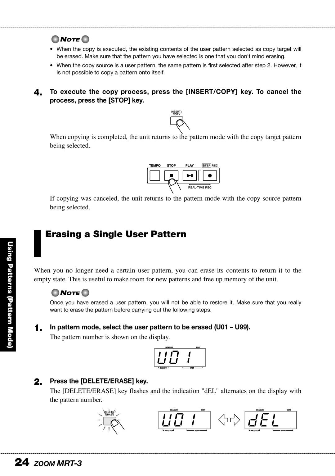 Zoom MRT-3 @01, Del, Erasing a Single User Pattern, Pattern mode, select the user pattern to be erased U01 U99 