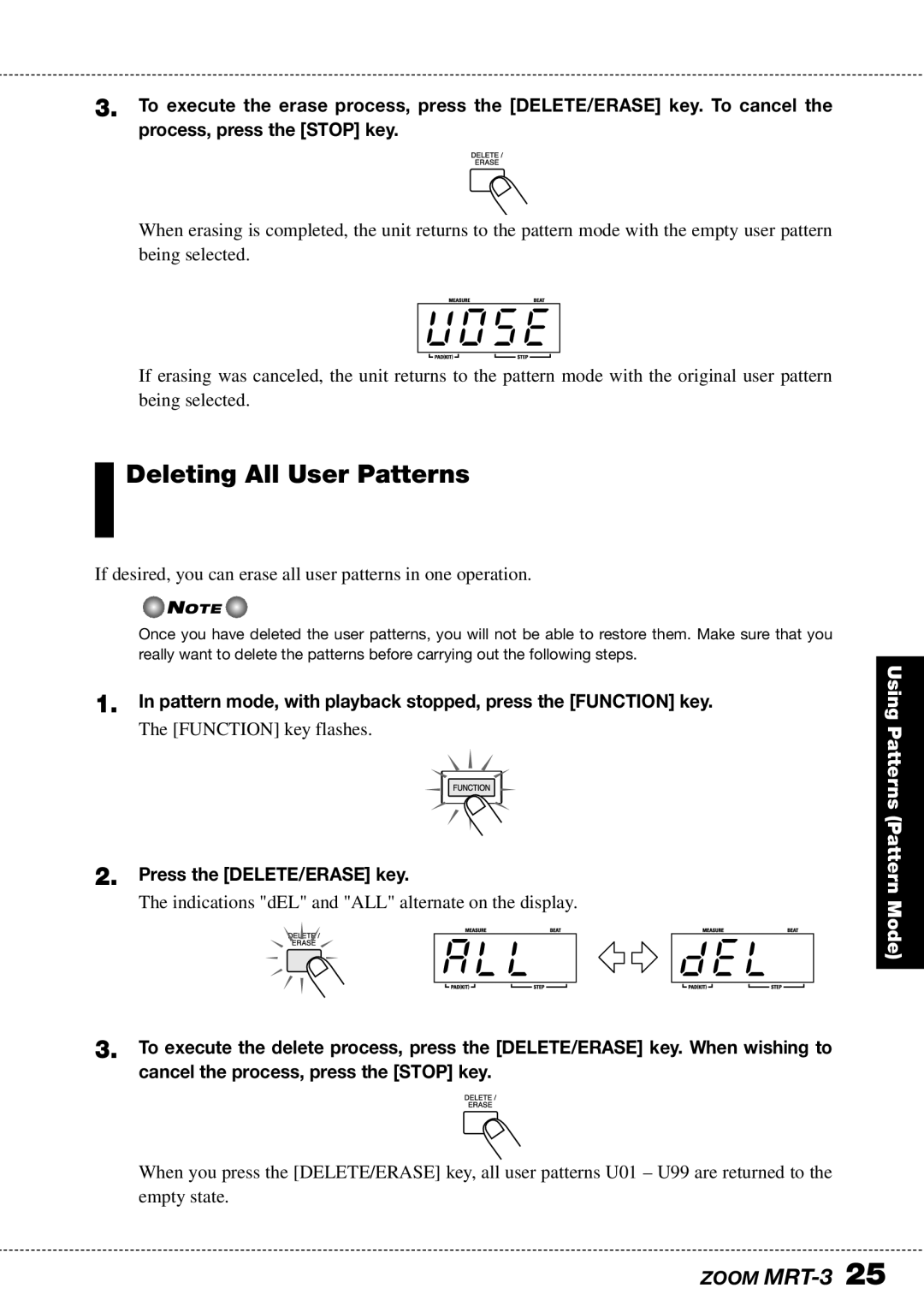 Zoom MRT-3 @05E, All Del, Deleting All User Patterns, Pattern mode, with playback stopped, press the Function key 