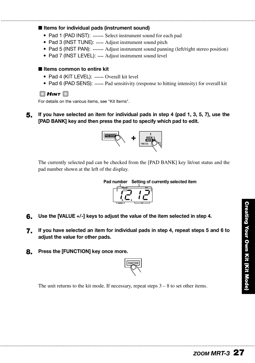 Zoom MRT-3 operation manual 1212, Items for individual pads instrument sound, Items common to entire kit 