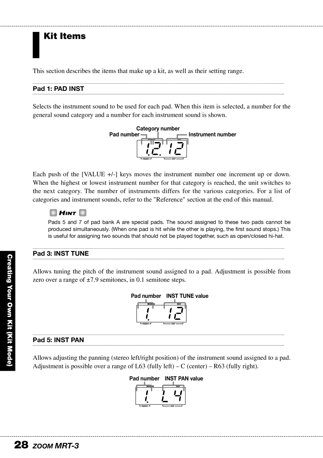 Zoom MRT-3 operation manual Kit Items, Pad 1 PAD Inst, Pad 3 Inst Tune, Pad 5 Inst PAN 