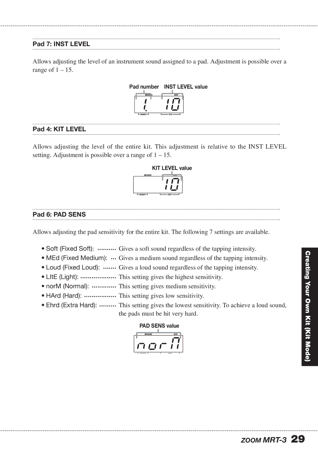 Zoom MRT-3 operation manual Norm, Pad 7 Inst Level, Pad 4 KIT Level, Pad 6 PAD Sens 