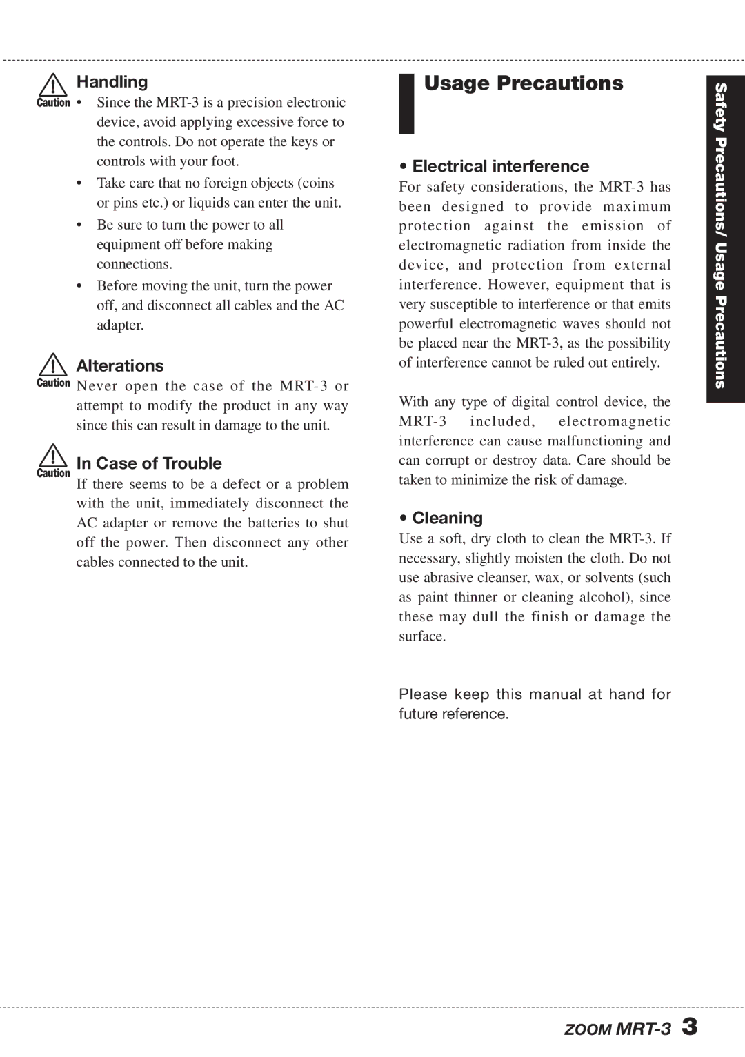 Zoom MRT-3 operation manual Usage Precautions, Handling 